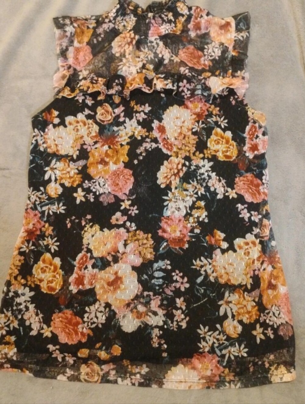 No Boundaries Floral Mesh Mock Neck Top Sleeveless Ruffle Blouse Black - M 7-9